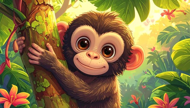 Cute cartoon monkey hugging banana tree in tropical jungle illustration with vibrant colors