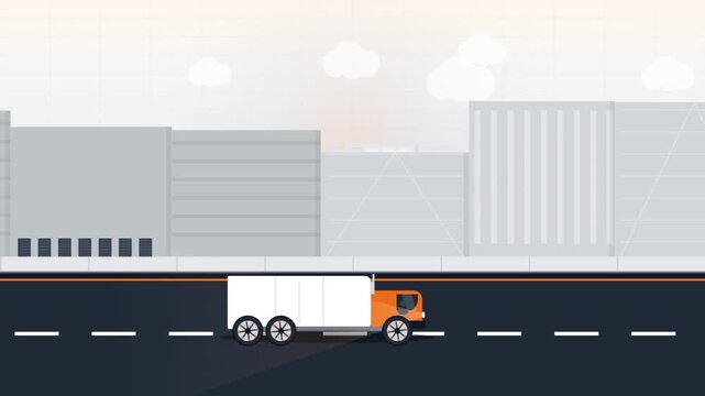 Flat Design Orange and White Cargo Delivery Truck Motion Graphic Loop