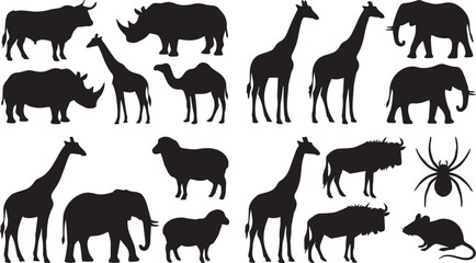 Wild animal silhouettes collection with elephant giraffe rhinoceros camel and safari wildlife vector set © MdMazibur