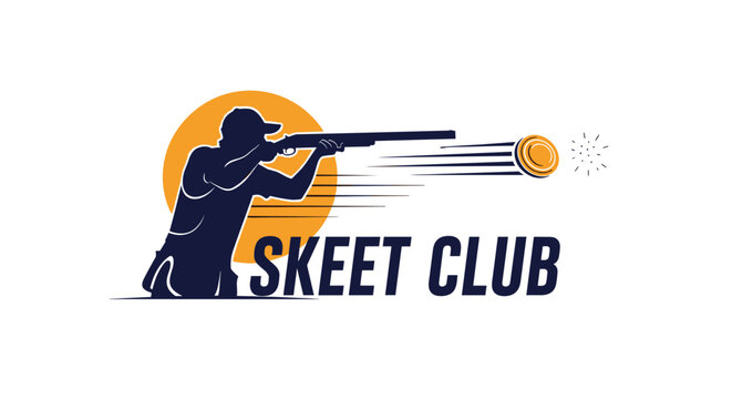 Dynamic skeet club logo features a silhouette of a shooter aiming at a clay target with a stylized sun background and bold sports text.