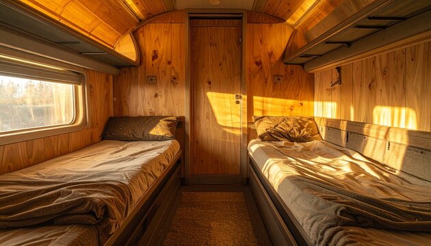 Empty overnight train sleeping compartment with warm wooden berths and soft lighting