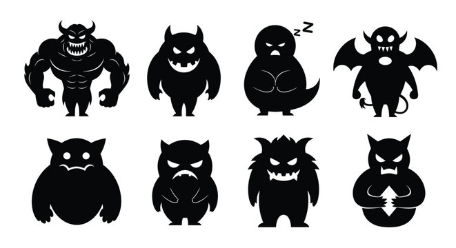 Collection of black monster silhouettes depicts various scary creatures with horns, wings, and unique features for fantasy themes.