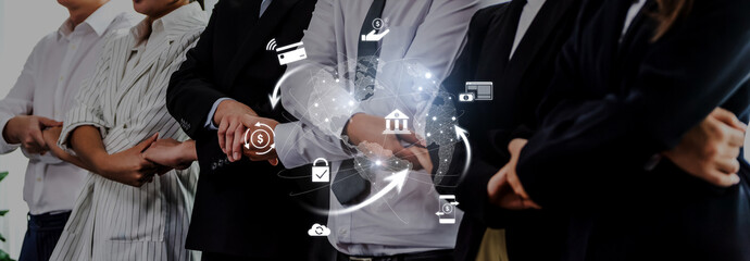 A group of business professionals stands together, showcasing collaboration and innovation. Digital icons representing finance and technology symbolize their dynamic partnerships. Trope © InfiniteFlow
