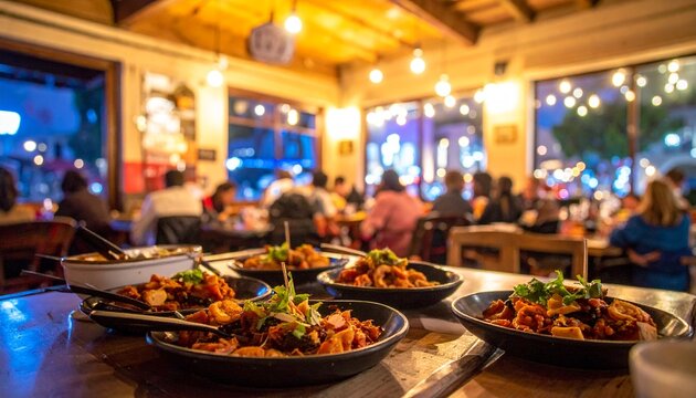 Group of friends enjoying tapas dinner in cozy warmly lit restaurant interior evening