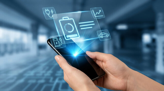 Futuristic mobile application interface for electric vehicle battery management and charging status tracking on a smartphone.