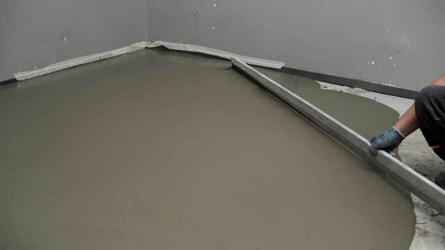 A construction worker in gloves uses a long metal screed to level fresh, wet self leveling compound on a concrete floor. Close up of floor renovation, screeding and finishing process
