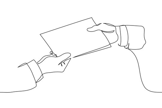 Continuous line drawing of one person passing a document to another. One-line sketch of hands holding a paper sheet or contract, representing business agreement, delivery, teamwork, or partnership