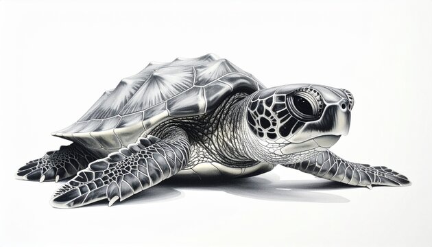Sea Turtle Hatchling Resting on White Background with Detailed Shell Texture