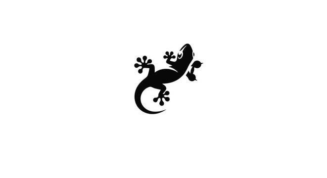 Minimalist black silhouette of a gecko lizard in a climbing pose isolated on a plain white background for logo design.