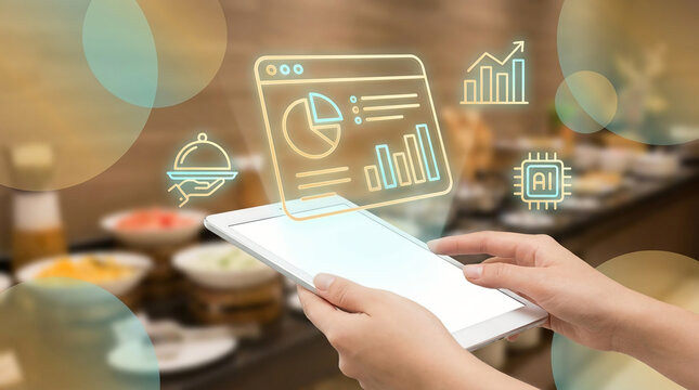 Modern business management utilizing a digital tablet for data analytics, AI insights, and streamlined operational efficiency