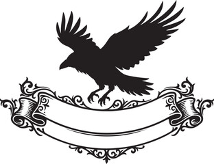 Fototapeta premium Vintage raven silhouette, ornate banner, black and white vector, decorative emblem, Gothic style icon