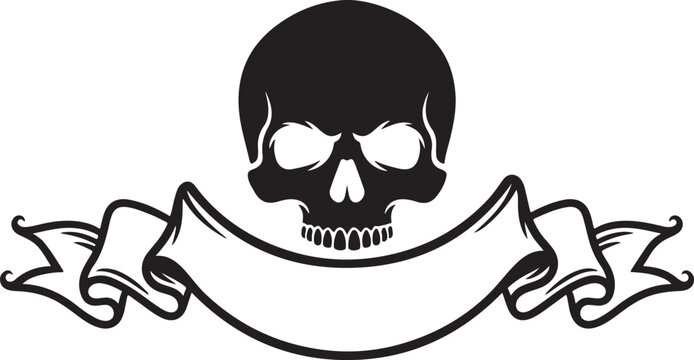 Jolly Roger pirate skull, black and white vector icon, banner ribbon, skull symbol