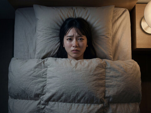 ベッドで眠れず不安な表情を浮かべる若い女性、不眠症や悩みのイメージ