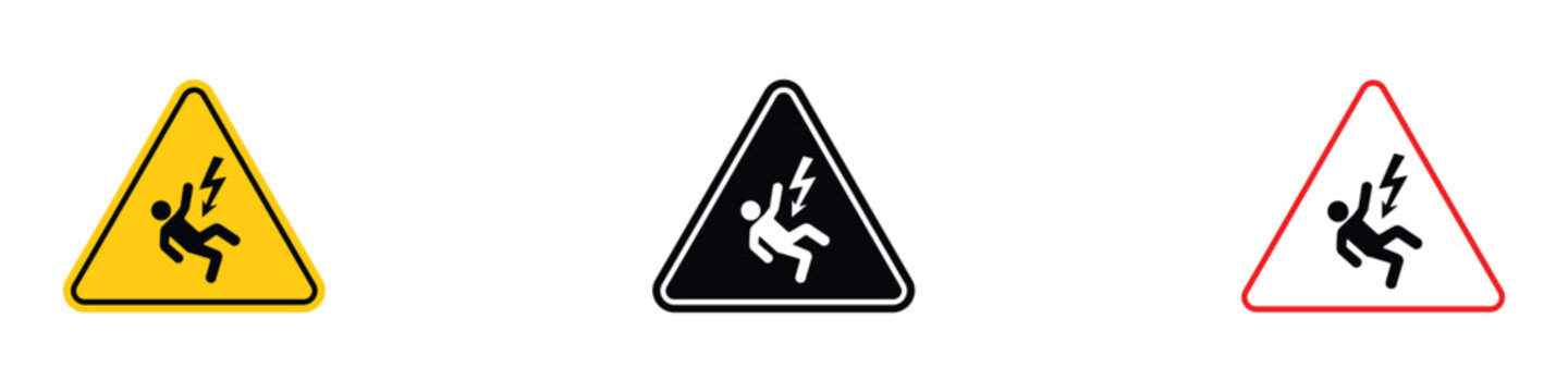 High voltage danger and electrical shock warning signs. Vector illustration of yellow, black, and red triangle caution templates with lightning strike man falling silhouette representing risk alert.