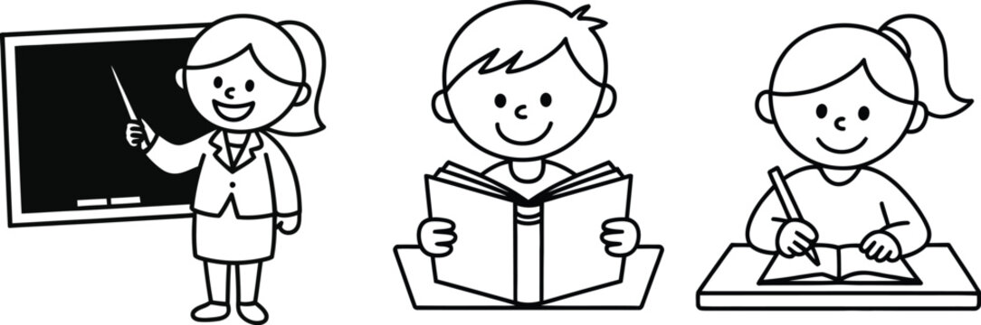 Education line art character set featuring a smiling female teacher pointing at a blackboard and cute elementary school students studying.