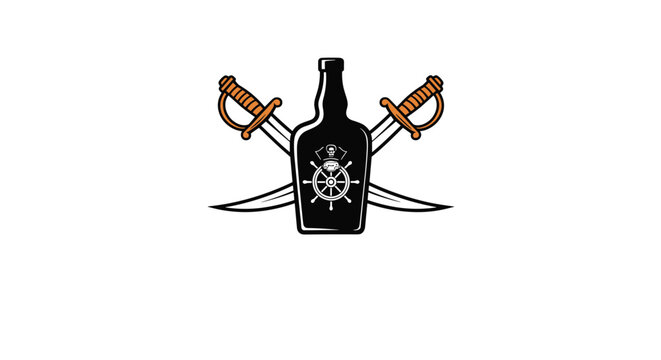 Nautical pirate themed logo featuring a black rum bottle with a ship wheel emblem crossed by two cutlass swords.