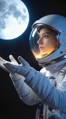 Fototapeta premium Young woman wearing spacesuit reaching toward moon in outer space. Astronaut in white helmet and gloves looking at lunar surface during mission.