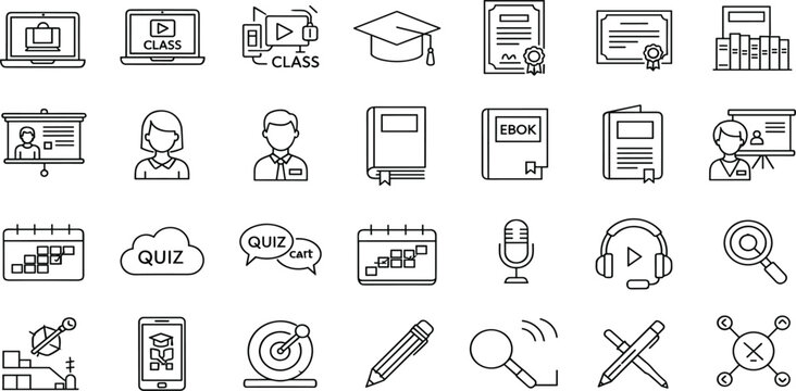 Online Education and E Learning Outline Icon Set Featuring Virtual Classes, Digital Courses, Graduation, Quiz Systems, and Academic Training Symbols Collection