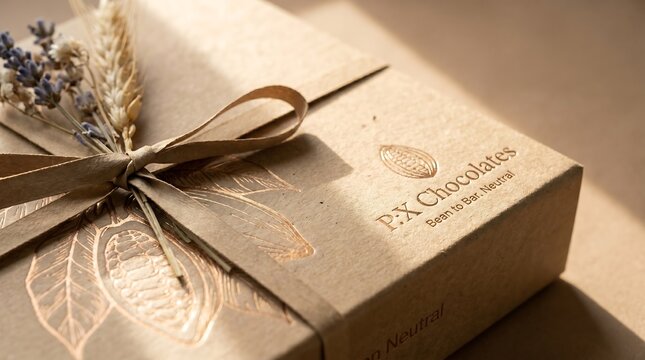 A beautifully wrapped gift box of px chocolates with a ribbon and dried flowers on top, placed on a neutral beige surface
