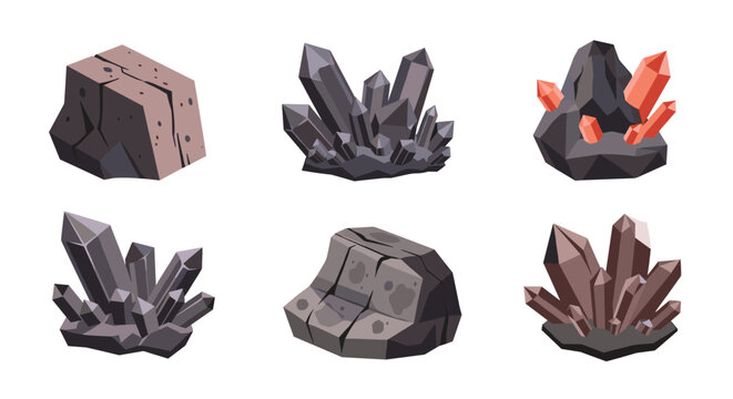 Set of isometric illustrations of various natural crystals, gems, and rough stone formations in gray, purple, and red tones.