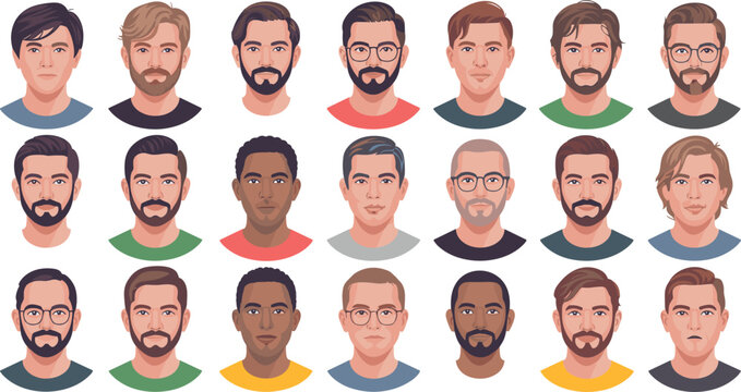 Male avatar portrait vector set with young and adult men hairstyles beard and glasses isolated on white background