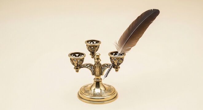 Elegant feather quill and ornate brass holder against a neutral backdrop