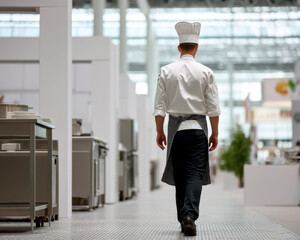 Fototapeta premium Chef uniform kitchen professional rear view culinary apron hat modern indoor walking stainless workspace restaurant cook male occupation
