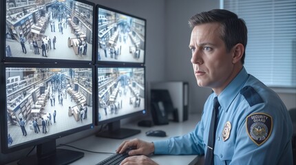 Fototapeta na wymiar Male security guard monitoring surveillance footage on multiple screens in retail control room. Loss prevention and public safety concept.