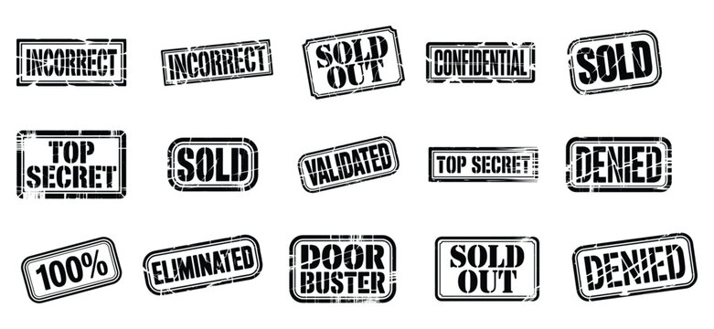 Rectangular Grunge Rubber Stamp Set, Grunge Rectangle Stamp Bundle, Sold Out, Door Buster, Denied, Top Secret, Validated, Incorrect, Eliminated Bold Badges