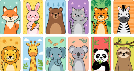 Fototapeta premium Cute collection of diverse wild animals designed in a flat vector illustration style for children and nursery room decor projects