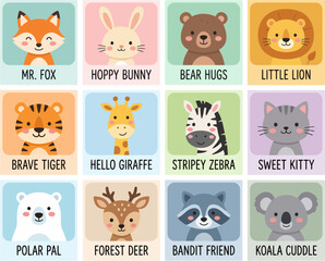 Adorable set of cute cartoon animal head portraits featuring a fox bunny bear lion tiger giraffe zebra cat and deer © Firdaus
