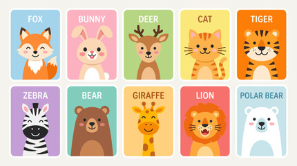 Naklejka premium Collection of cute animal flashcards featuring colorful cartoon characters designed for early childhood education and interactive learning for young children