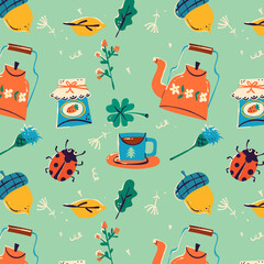 Naklejka premium Cozy Scandinavian Forest Pattern in Retro Cartoon Style featuring woodland elements