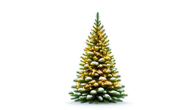 Snowy christmas tree with yellow string lights on white