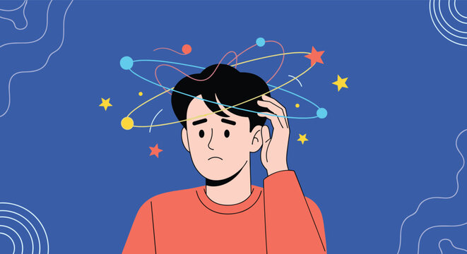 Confused young man with colorful stars and orbit lines spinning around his head representing mental stress.
