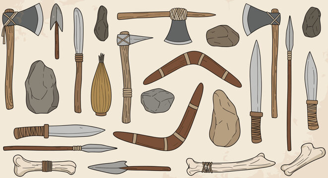 Collection of ancient primitive tools and weapons including stone axes, spears, boomerangs, and animal bones.