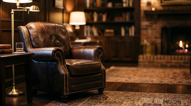 Vintage leather armchair in a dark luxury library with fireplace at night