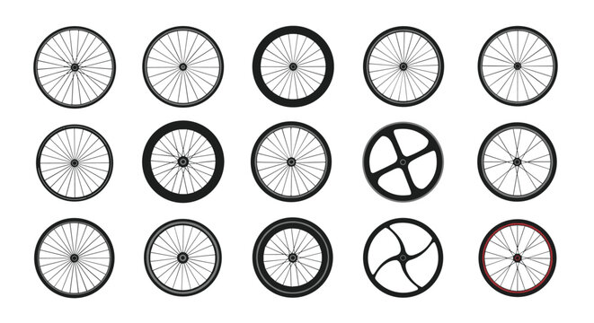 Detailed set of bicycle wheel and rim icons showing various spoke patterns and designs in a grid format.