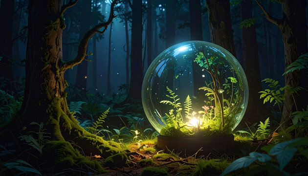 Enchanted forest scene with glowing orb and lush vegetation