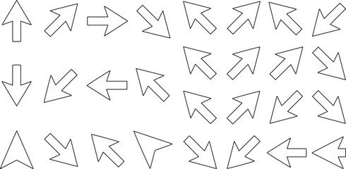 Obraz premium Minimalist arrow icon set, outline vector directional pointers, black and white navigation symbols for web interface and app design isolated on White Background