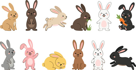 Obraz premium Cute Cartoon Rabbit Character Set with Colorful Bunnies in Various Fun Poses Including Running, Sleeping, and Eating for Kids Designs