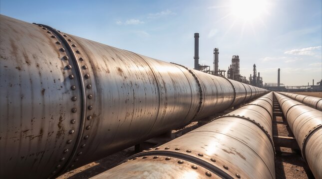 Metal pipelines stretching toward a refinery complex under a clear blue sky. Energy infrastructure and fuel transportation concept.