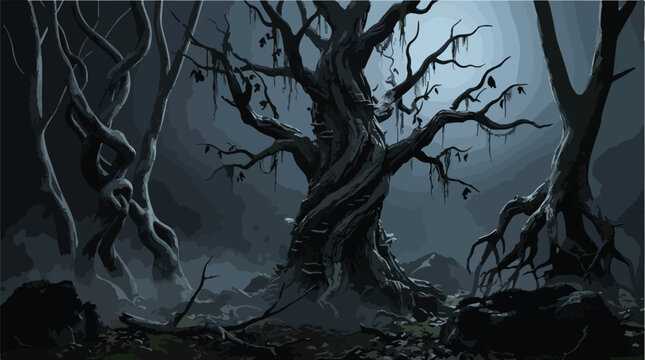 Spooky haunted forest with gnarled dead trees, dark mystical woods in moonlight, eerie gothic landscape vector for Halloween background