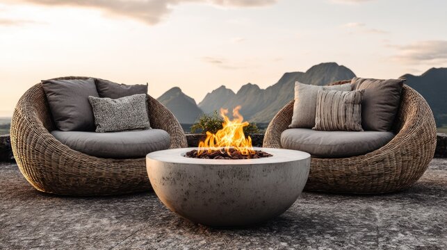 Comfortable outdoor seating area features wicker chairs flanking a modern concrete fire pit with mountains in the background at sunset
