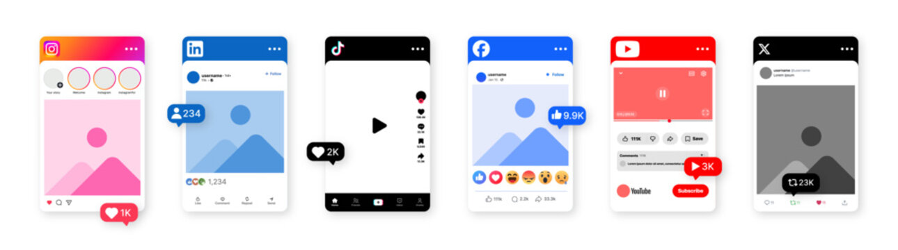 Social media post templates featuring Instagram LinkedIn TikTok Facebook YouTube and X mobile interface designs for digital marketing content and online engagement. Social media post MOCKUP.