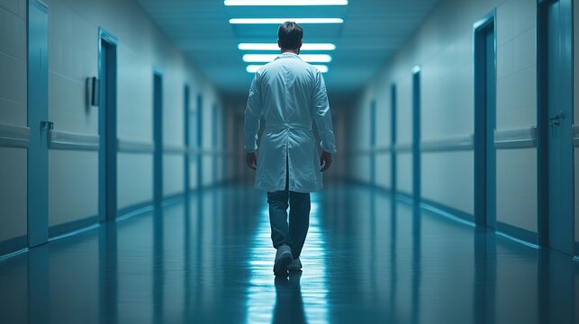 A solitary figure in a white lab coat walks down a glowing blue hospital corridor at night