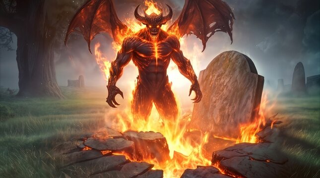Demon with wings and horns rising from a burning grave in a misty cemetery. Supernatural horror concept for fantasy storytelling.