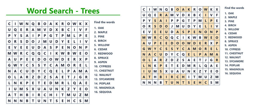 Word search puzzle featuring various tree names in grid format  