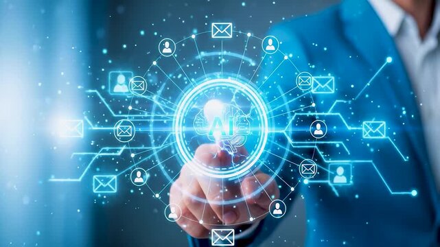 Man in blue suit touching holographic artificial intelligence brain. Concept of AI email marketing automation, smart communication network, and intelligent business connectivity.
