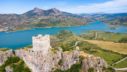 Zahara de la Sierra. Andalusia. Beautiful Drone Aerial Take of Castle Tower and Reservoir. Grazalema Natural Park. Spain © Ignacio